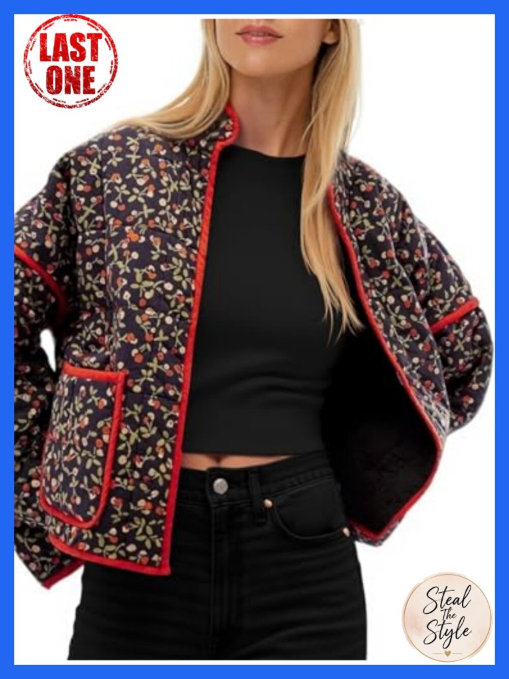 Floral Quilted Lightweight Jacket Open Front Padded Coat